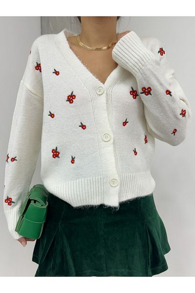 Modamorfo Ecrufarbene Strickjacke mit Blumenstickerei