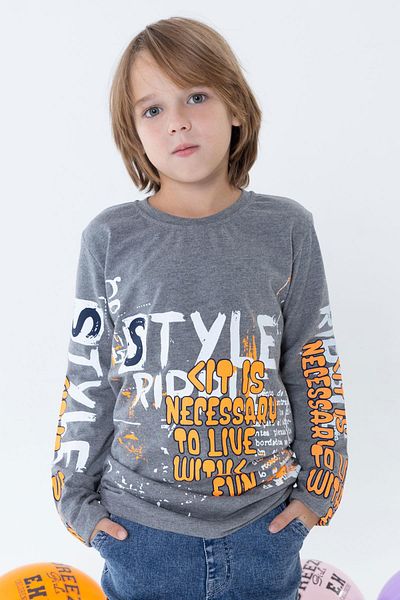 Breeze 9-14 Years Old Boy T-Shirt - Long Sleeve, Colorful Text Printed, Dark Gray Melange