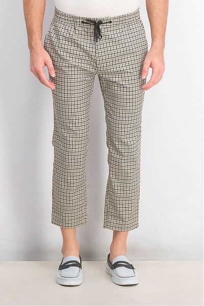 TopMan Men Regular Fit Houndstooth Printed Drawstring Pant, Stone