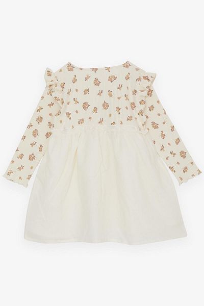 Breeze 2-6 Years Girl's Dress - Long Sleeve, Floral Print, Button and Ruffle on the Shoulder, Cream