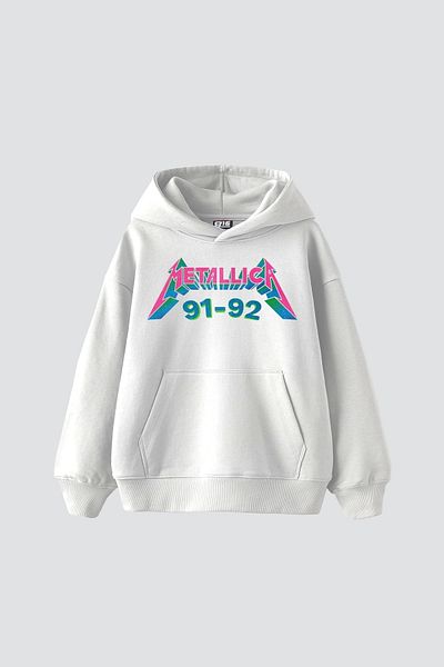 Sekizbiraltı Metallica Skull Printed Oversize Unisex Premium White Hoodie
