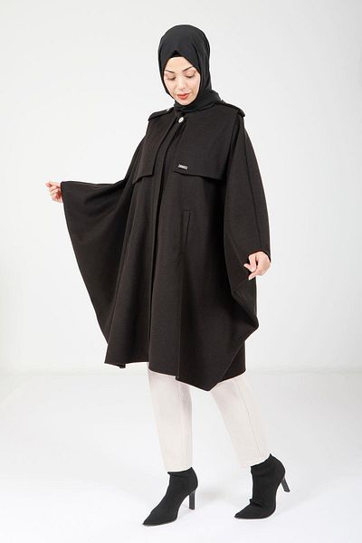 Beyza Μαύρο Poncho με Επιτάγες ώμου και τσέπες 9059