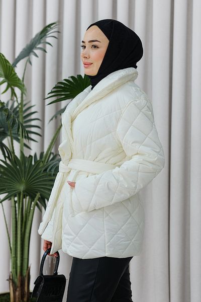LOCCO Ecru Women's Coat - Waist Tie