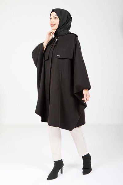 Beyza Μαύρο Poncho με Επιτάγες ώμου και τσέπες 9059