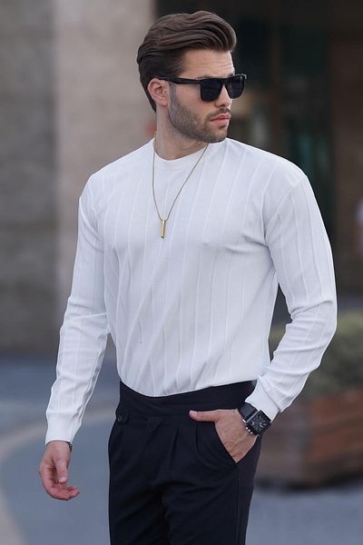 Madmext Μακρυμάνικο πουλόβερ 7244 Model White Stripe Crew Neck
