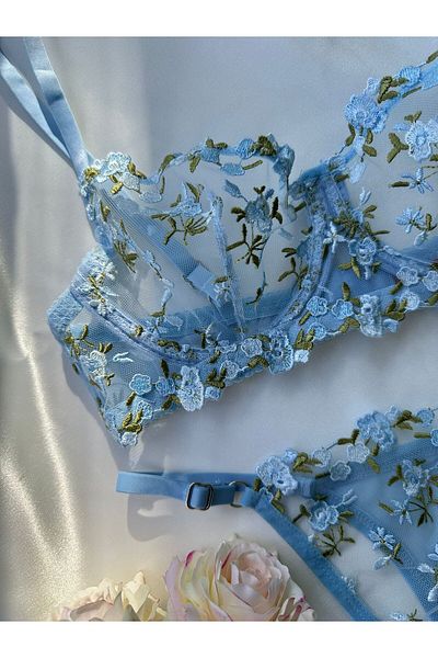 dem merys Baby Blue Floral Underwire Bra Set