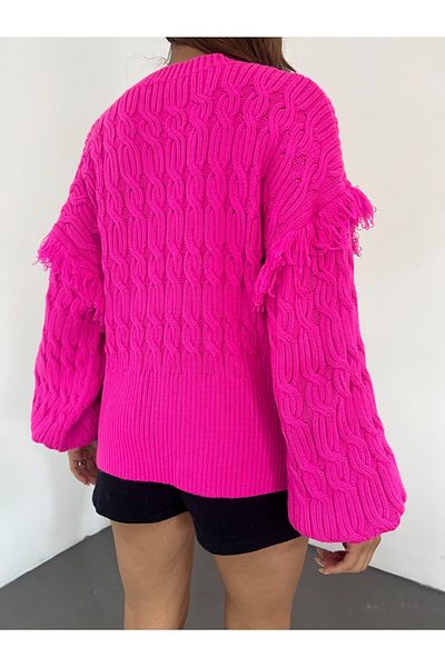 Modamorfo Balloon Sleeve Tasseled Knitwear Sweater -Fuchsia