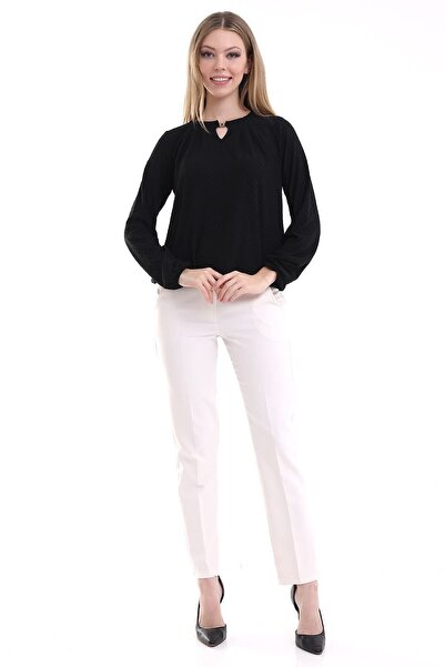 Şiir Kadoma Kadın Siyah Pileli Damla Yaka Aksesuarlı Örme Jakar Penye Uzun Kollu Bluz & Tesettür Bluz