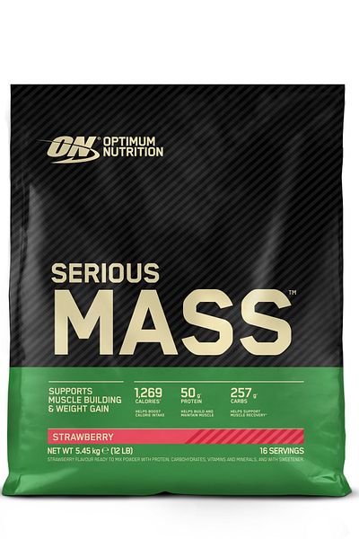 Optimum Nutrition Serious Mass بنكهة الفراولة 5.45 كجم 16 خدمة عالية السعرات الحرارية لزيادة الوزن ونمو العضلات