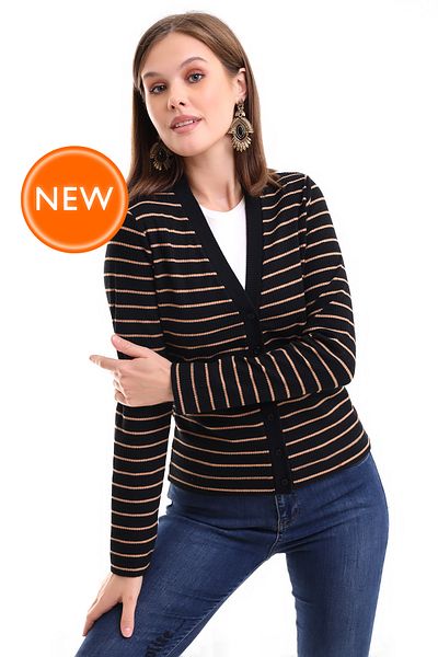 Şiir Cardigan clasic tricotat de bază cu mâneci lungi în dungi de nurcă neagră pentru femei