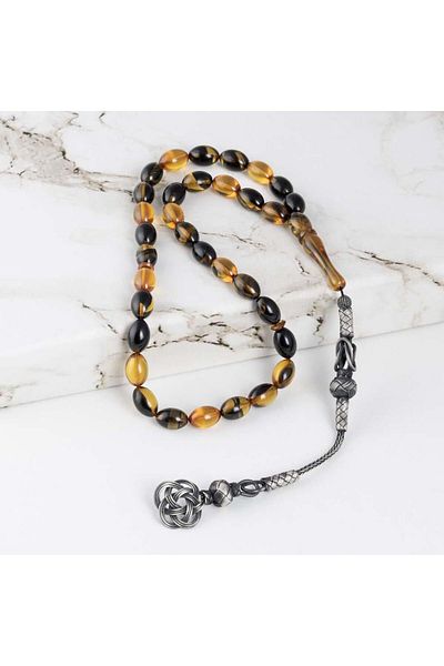 Gümüş Pazarım Silver Kazaz Tasseled Beanie Cut Double Color Amber Prayer Beads