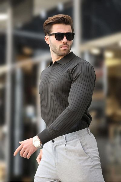 Madmext Anthracite Polo Neck Striped Long Sleeve Sweater 7239