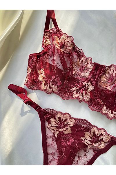 dem merys Burgundy Floral Underwire Bra Set