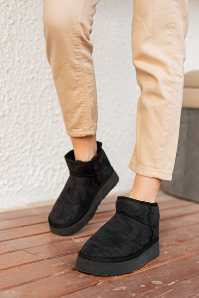 Freemax Kadın içi Komple Kürk Hafif Yüksek Taban Mini Bot Siyah