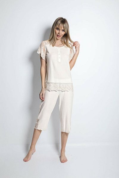 MONAMİSE Monokini 19154 Set de pijamale Capri cu mânecă scurtă pentru femei - alb