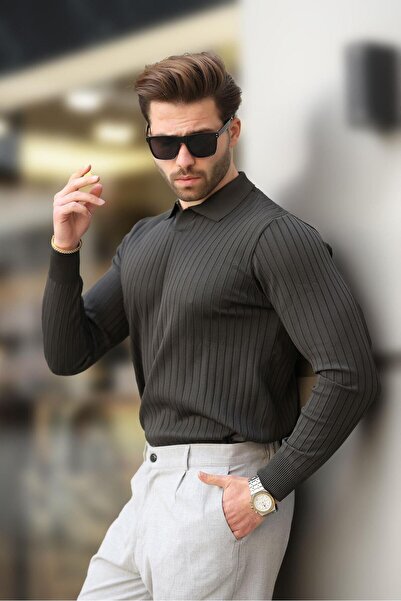 Madmext Antrasit Polo Yaka Çizgili Uzun Kollu Kazak 7239