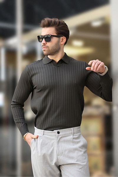 Madmext Anthracite Polo Neck Striped Long Sleeve Sweater 7239