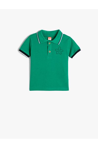 Koton Polo Neck T-Shirt Star Embroidered Buttoned Short Sleeve Cotton