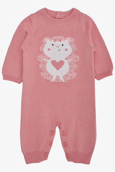 EXPORT 0-9 Months Baby Girl Romper - Cute Knitwear, Animal Print, Dried Rose