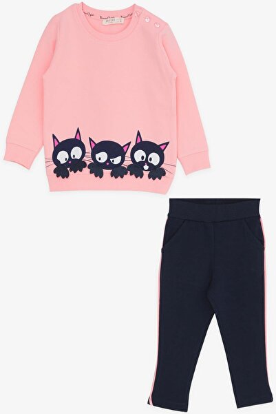 Breeze Kız Çocuk Taytlı Takım Kedi Baskılı 1.5-5 Yaş, Pudra