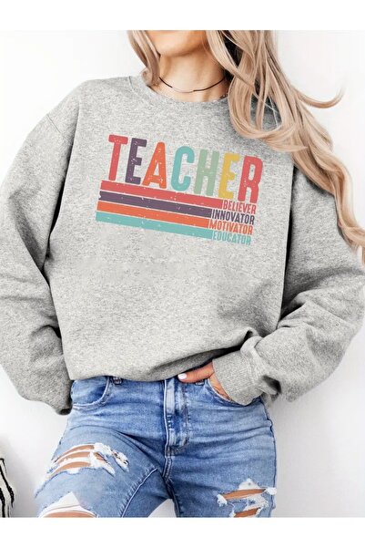 WOODROFFE سويت شيرت رمادي كبير الحجم برقبة دائرية مطبوع عليه يوم المعلم في 24...