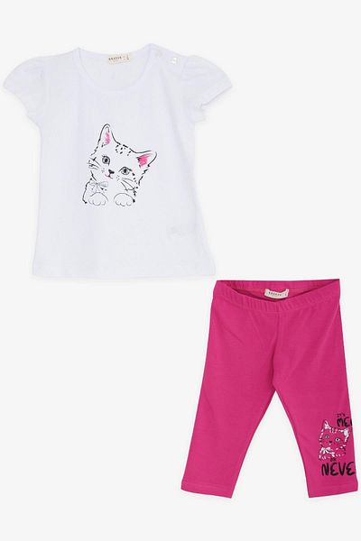 Breeze Girl's Capri Tights Set Cute Kitten Printed 1-4 Years, White