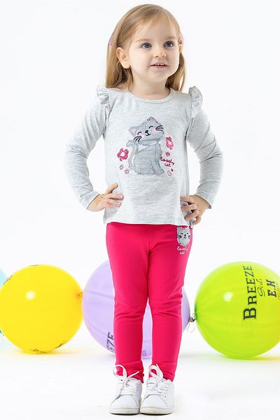 Breeze Baby Girl Tights Set Sequined Kitten Printed 9 Months-3 Years, Light Gray Melange