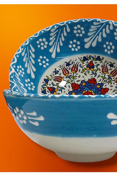 Salizera Kutahya Series 2 Pieces 12 cm Diameter Tile Motif Ceramic Handmade Bowl Stone