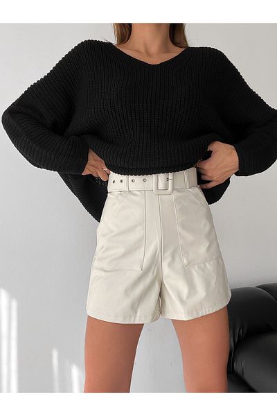 Lady Doll Pulover de damă negru cu decolteu în V Thessaloniki tricot supradimensionat