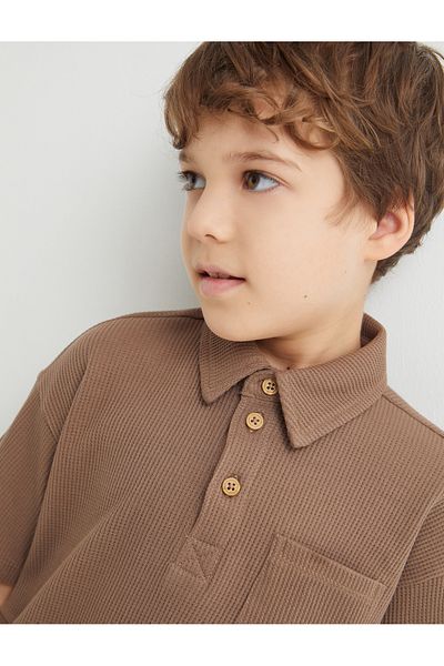 Koton Polo Neck T-Shirt Textured Buttons Short Sleeve Cotton