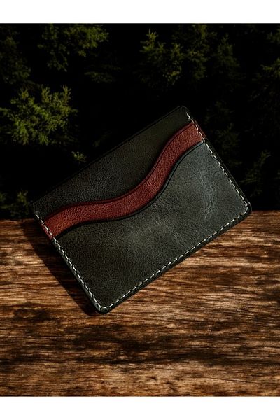 Kalkan deri Handmade Genuine Leather Card Holder - Khaki and Brown, Minimalist 5 Compartment Design