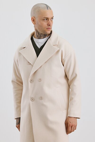 MADZEYMODA Men's Double Breasted Collar Ecru Premium Cashmere Coat Mz56130