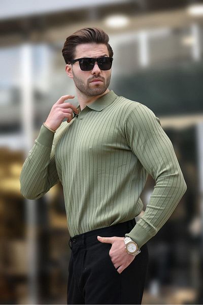 Madmext Khaki Polo Neck Striped Long Sleeve Sweater 7239