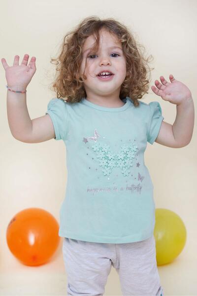 Breeze Baby Girl T-Shirt Butterfly Printed Embroidered 9 Months-3 Years, Water Green