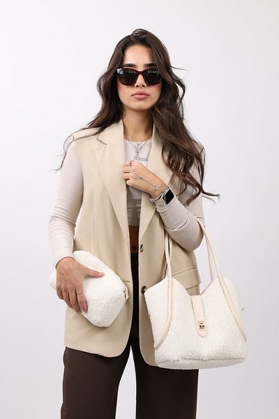 NOTHING Women's Cream Plush Lock Detailed Makeup Bag Long Strap Women's Hand Shoulder and Crossbody Bag