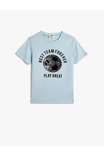 Koton T-Shirt Football Themed Sequined Short Sleeve Crew Neck Cotton