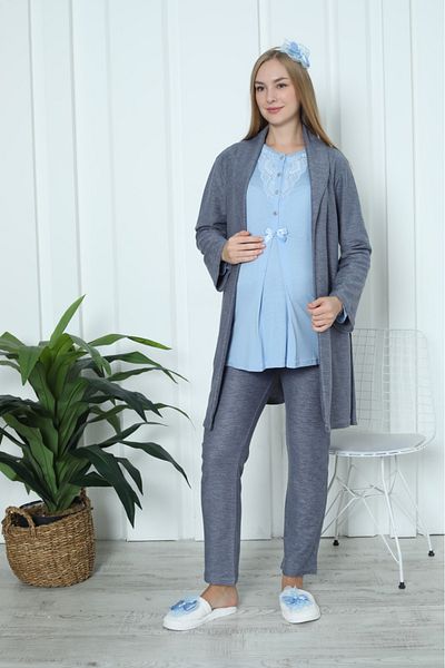 ERDENİZ TEKSTİL Long Sleeve Button Collar Maternity-Maternity Pajamas Set with Dressing Gowns Set of 3