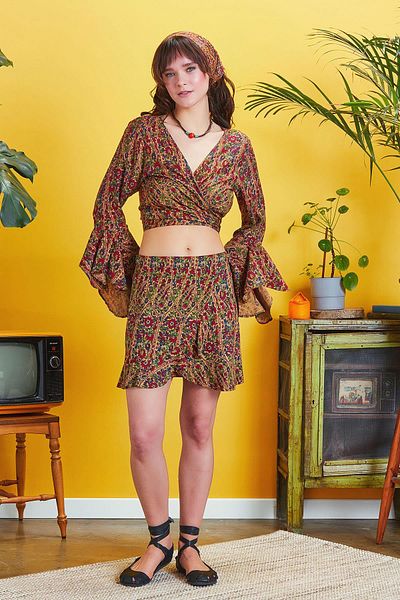 Los banditos Fusta mini înfășurată cu model în stil boem burgundy
