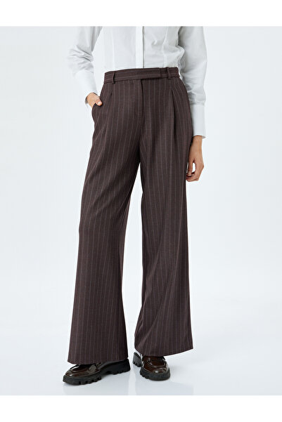 Koton Cepli Pile Detaylı Yüksek Bel Çizgili Kumaş Palazzo Pantolon