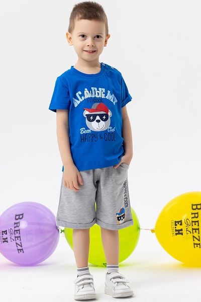 Breeze Boy's Shorts Suit with Teddy Bear Print, Age 1-4, Saks Blue