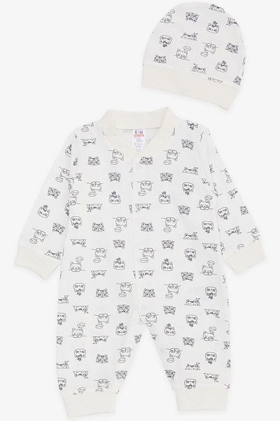 Breeze Baby Boy Rompers Sleepy Kitten Patterned 0-3 Months-6 Months, Ecru