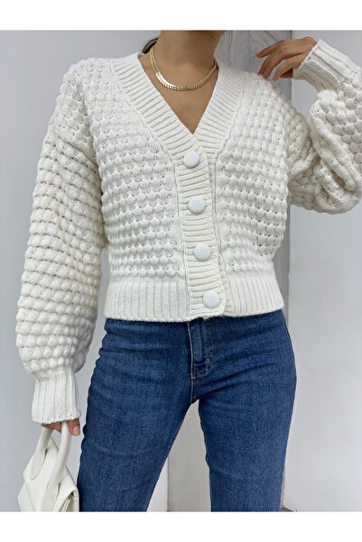 Modamorfo Embossed Knitted Buttoned Sweater Cardigan - Ecru