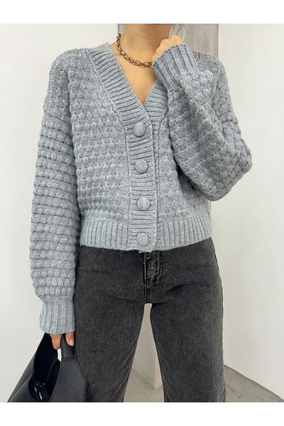 Modamorfo Embossed Knitted Buttoned Knitwear Cardigan -Grey