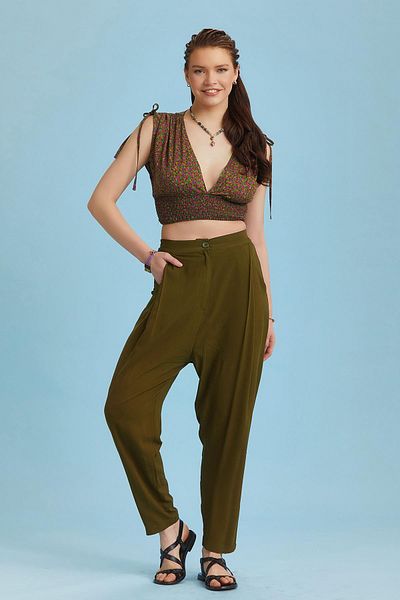 Los banditos Elastic Waist Pleated Khaki Summer Trousers