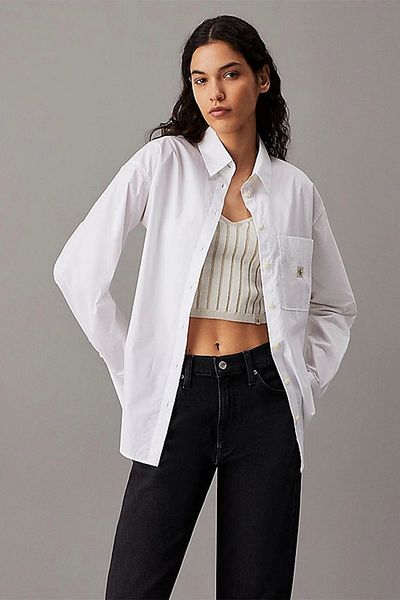Calvin Klein Jeans Standard Shirt Collar Embroidered White Women's Shirt Woven Label Relaxed Shirt