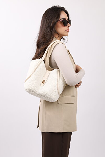 NOTHING Women's Cream Plush Lock Detailed Makeup Bag Long Strap Women's Hand Shoulder and Crossbody Bag