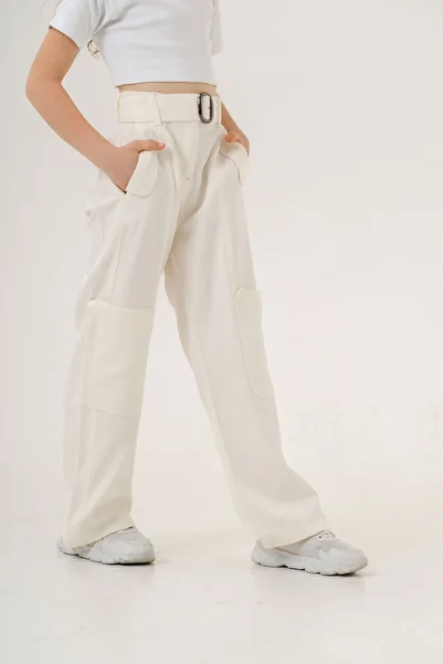 GİYİCEM Girl's Side Pocket Belted Linen Trousers