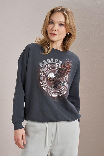 TENA Hanorac de bază cu trei fire cu imprimeu Eagles, afumat, pentru femei