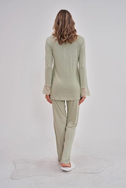 Mecit Pijama Hamile Lohusa Uzun Kollu Güpür Detaylı Pijama Takımı %75 Pamuk %25 Viskon