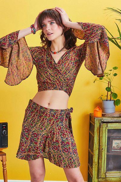 Los banditos Fusta mini înfășurată cu model în stil boem burgundy